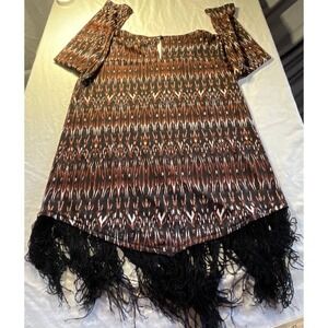 NY Collection Womens Blouse Top Small Brown Ikat Print Fringe Hen Scoop Neck